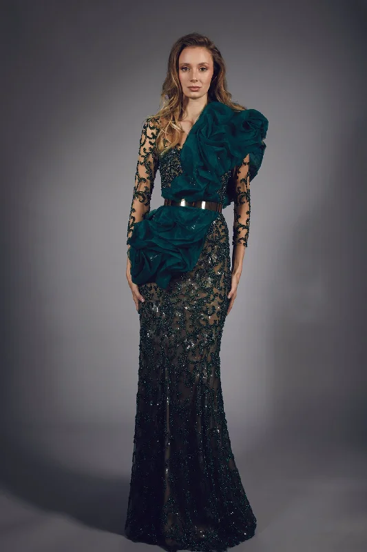 3/4 sleeves beaded dress with ruffles