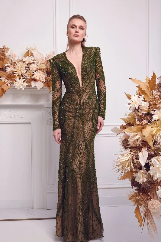 Deep V neckline fully beaded gown