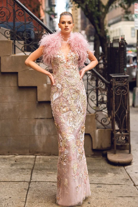 Embroidered tulle dress with feathers