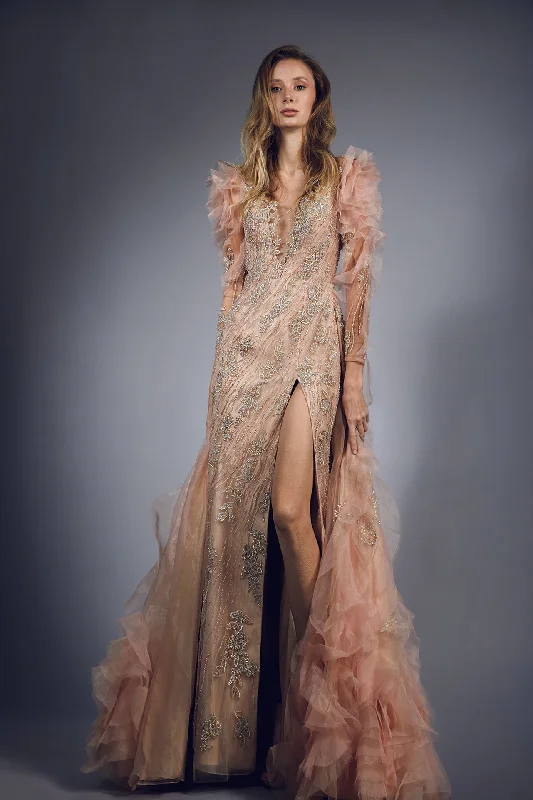 High slit ruffled embroidered dress