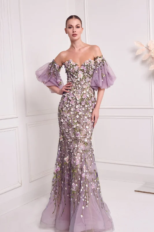 Off sleeves embroidered mermaid dress