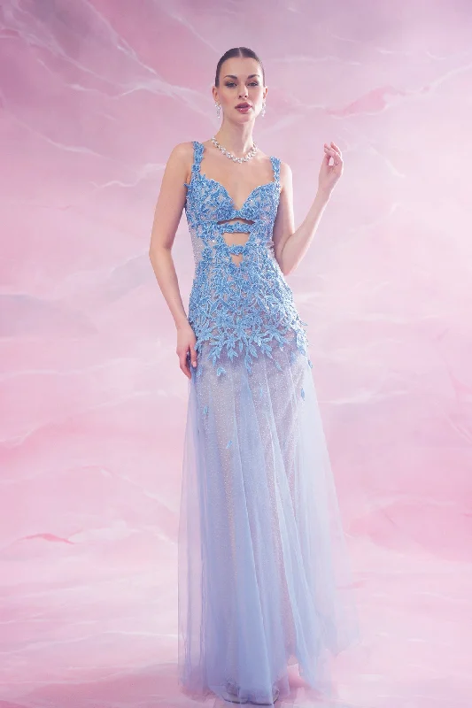 Tulle embroidered dress with cut-outs