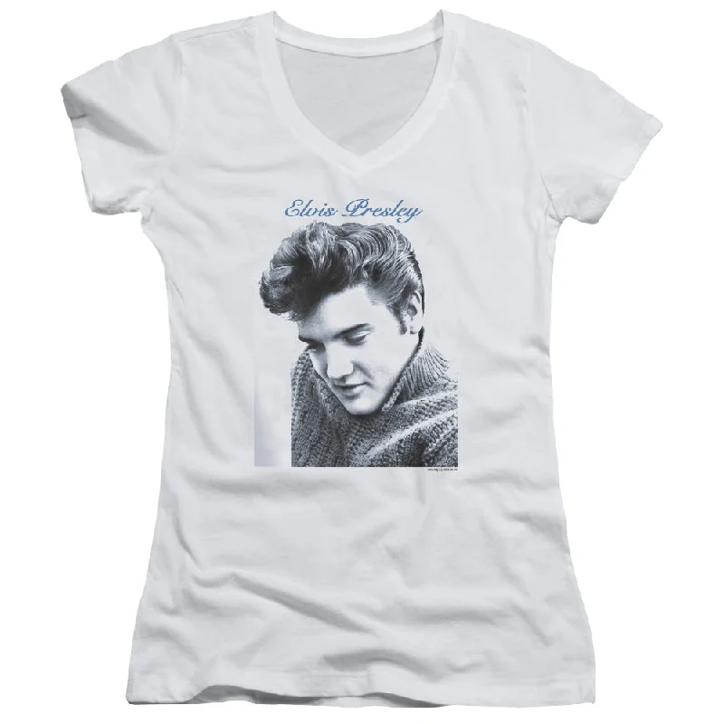 Elvis Presley Script Sweater Junior's 30/1 100% Cotton Cap-Sleeve Sheer V-Neck T-Shirt