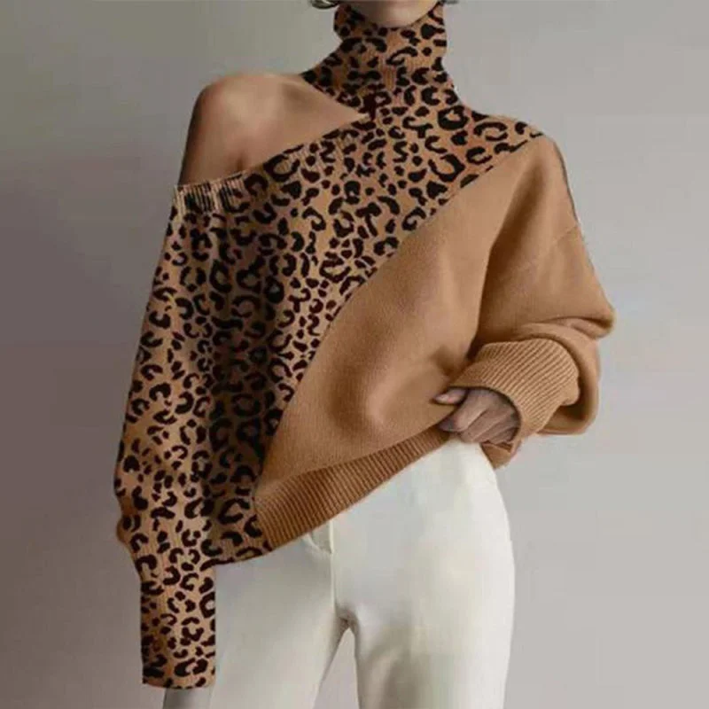 New style turtleneck off-the-shoulder knitted sweater women leopard print long-sleeved top