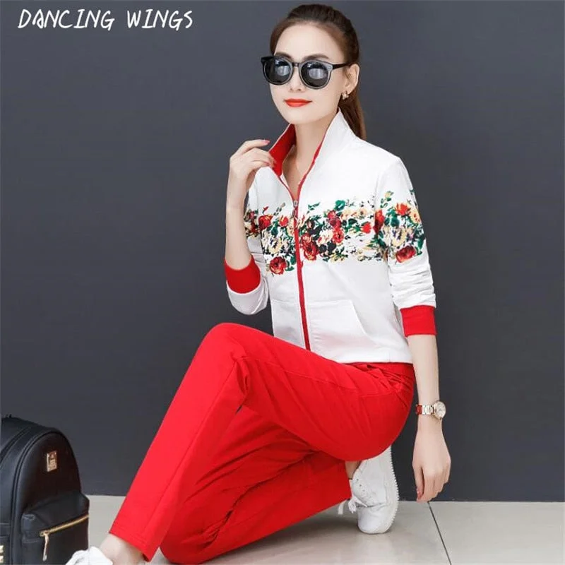 Spring women two piece outfits Sweet Floral Print Sweatershirt Tops And Trousers Sets Causal Zipper Female Tracksuits