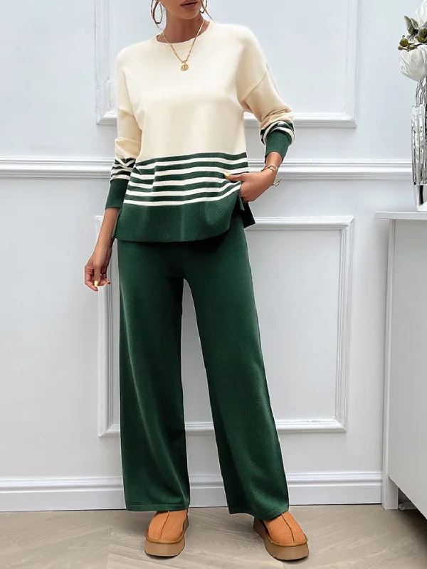 Divine Collection Slit Striped Round Neck Top and Pants Sweater Set