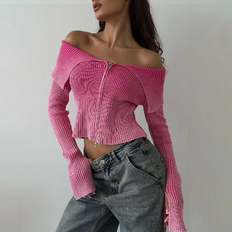 Off Shoulder Slim Fit Zip Up Sweater