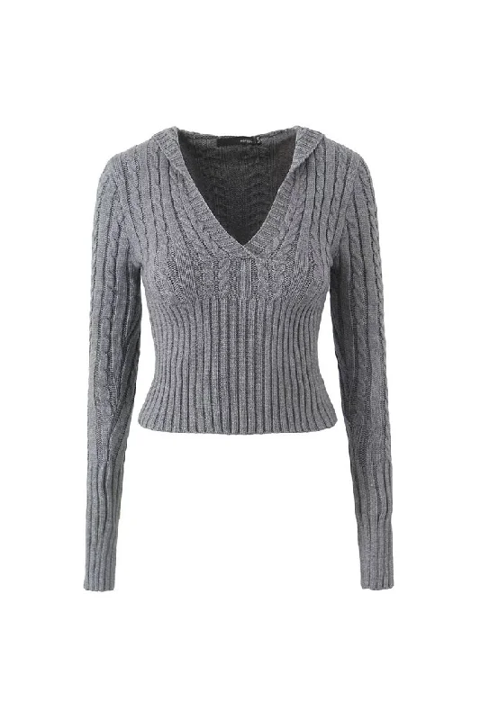 Preppy Style Hooded V Neck Long Sleeve Cable Ribbed Knit Crop Sweater