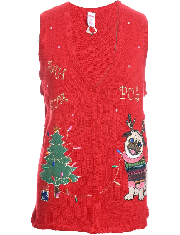 Red Embroidered Pug Design Applique Detail Sweater Vest - XL