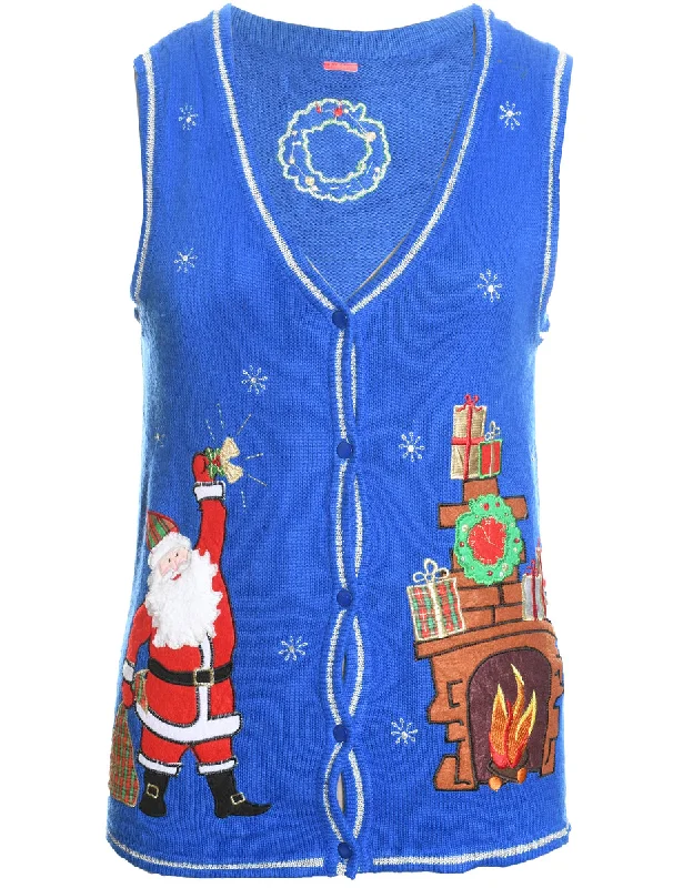 Santa Claus Design Blue Embroidered Christmas Sweater Vest - S