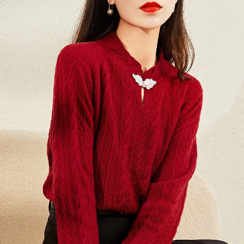 Chinese-style Knit Sweater with Twisted Flower Pattern Stand Collar Silk Blend Satin Velvet