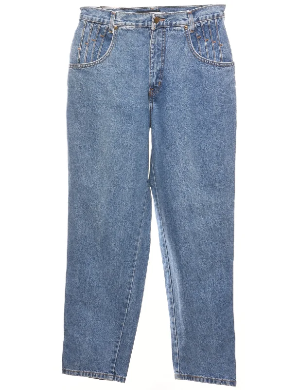 Medium Wash Tapered Mid-Rise Jeans - W29 L28 Comfortable Zip-Fly Denim Jeans