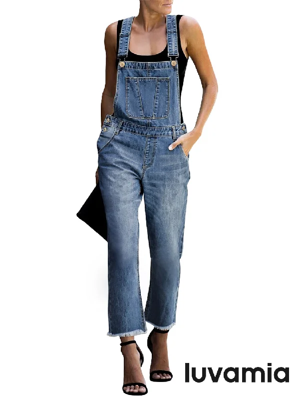 luvamia Women's Casual Stretch Adjustable Denim Bib Overalls Jeans Pants Jumpsuits Fashionable Frayed Hem Denim luvamia Women's Casual Stretch Adjustable Denim Bib Overalls Jeans Pants Jumpsuits Fashionable Frayed Hem Denim
